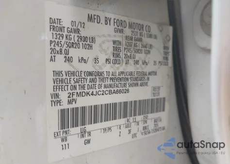 2012 Ford Edge Sel from USA, damaged, VIN 2FMDK4JC2CBA66026